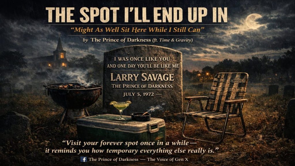 Moody graveyard scene with tombstone, chair, and quote about mortality.
